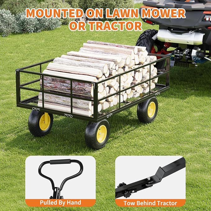 Heavy Duty Steel Garden Cart, 1200 Lbs Garden Wagon with 13" All Terrain Tires, 3-in-1 Metal Utility Wagon with Removable Mesh Side Panels and 180° Rotating Handle for Yard, Lawn and Garden