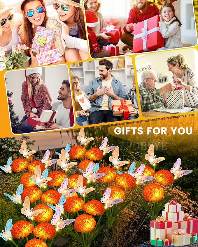 Solar Garden Lights Outdoor Waterproof Decorative 3 Pack Swaying Butterfly Light with 9 Big Flowers Solar Lights for Outside Garden Decor Patio Yard Landscape, Gifts for Women Mother's Day