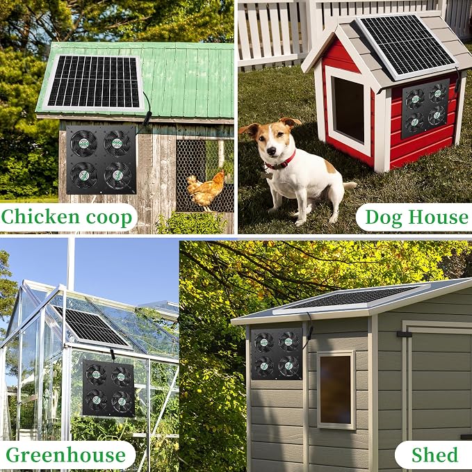 blessny 25W Solar 4 Fan Kit for Outdoor Greenhouse, Solar Powered Vent Exhaust Ventilation Fan for Chicken Coop, Shed Air Circulation, 14.7 Ft Long Cord with IP65 Weatherproof Rate