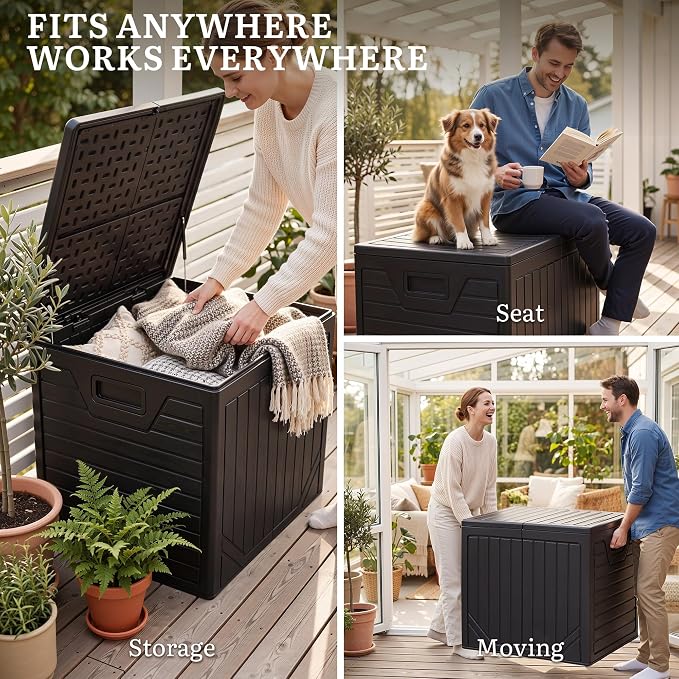 YITAHOME 150 Gallon Large Outdoor Storage Box w/Double Wall, Waterproof Deck Box with Hydraulic Piston for Garden Tools, Pool Accessories & Cushions, Resin Deck Organizer with Bench Seat(Black)