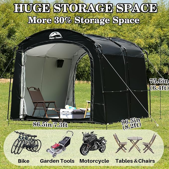 Happy Travel Bike Storage Shed Tent, Waterproof Portable Bicycle Cover with 30% More Top Storage Space for 2/3/4/8 Bikes,Clips Easy Setup Outdoor Sheds Shelter for Motorcycle, Garden Tools, Lawn Mower