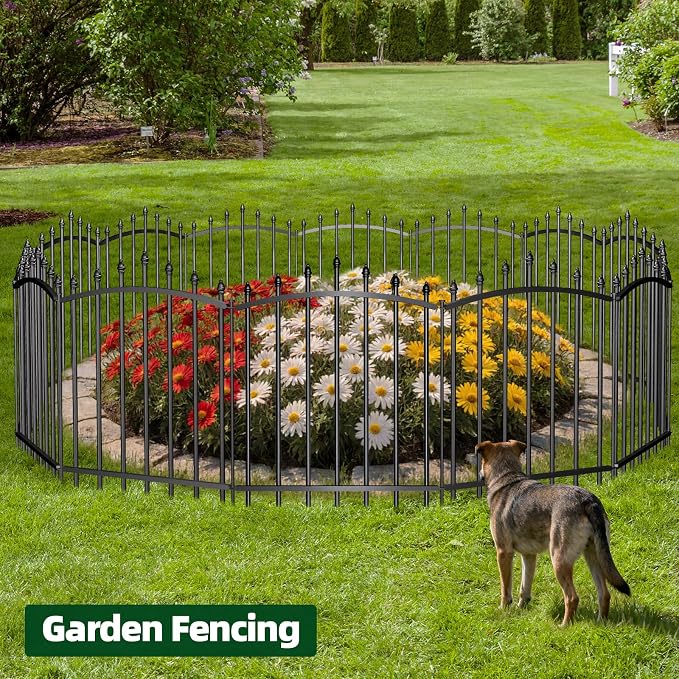 10 Panels，No Dig Edging Decorative Garden Fence，32 in （H） x 24 in（L），Metal Rustproof Panel，Outdoor Dog Fence，Animal Isolation Fence Suitable for Gardens，Roman Column Black