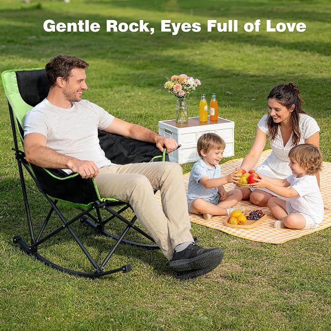 SUNNYFEEL Oversized Rocking Camping Chair, Fully Padded Patio Chair with Side Pocket, High Back Portable Lawn Recliner with Headrest, Outdoor Camp Rocker Chairs for Adults Heavy Duty 500 LBS Carry Bag