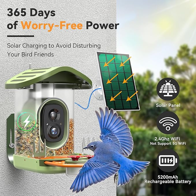 Rayki Smart Bird Feeder with Camera Solar Powered, 2k Hd Live Video & Ai Identification 10,000+ Bird Species, Outdoor Watching Birdhouse for Garden, Ideal Birthday, Christmas Day Gift for Lover