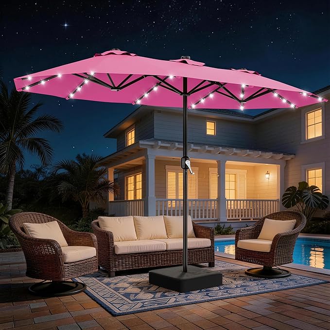 AreShark 13 FT Patio Umbrella with Solar Lights, Double-Sided Outdoor Table Umbrellas with Crank, Large Rectangular Market Umbrella for Porch, Lawn, Pool, Backyard, Rose Pink