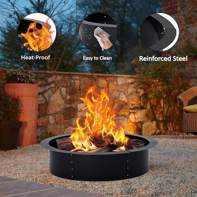 GarveeLife 36 Inch Smokeless Fire Pit Ring, Duty Solid Steel Panels with Air Vents, Inner Round Firepit Rim Insert for Outdoor Above/In-Ground, Suitable for Backyard, Patio, Garden, Easy Install