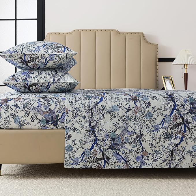 FADFAY Sheets Set Queen Botanical Bird Floral Bed Sheets Set Vintage Blue Farmhouse Bedding Shabby Branches Bedding Collections 100% Egyptian Cotton Breathable Soft 17.7" Deep Pocket 4Pcs, Queen Size