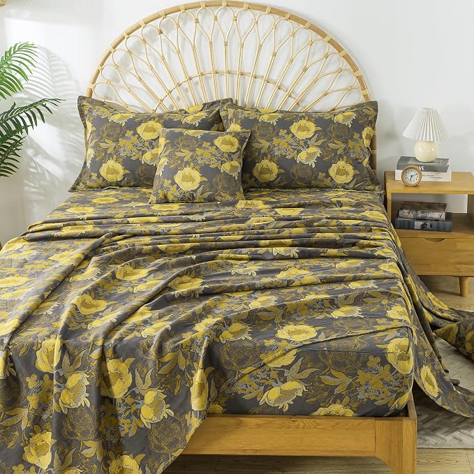 FADFAY Floral Sheets Set Queen Vintage Grey Yellow Floral Bedding Shabby Peony Farmhouse Bedding Super Soft Washed Double -Layer Muslin Sheets 100% Cotton Deep Pocket Fitted Sheet 4Pcs, Queen Size