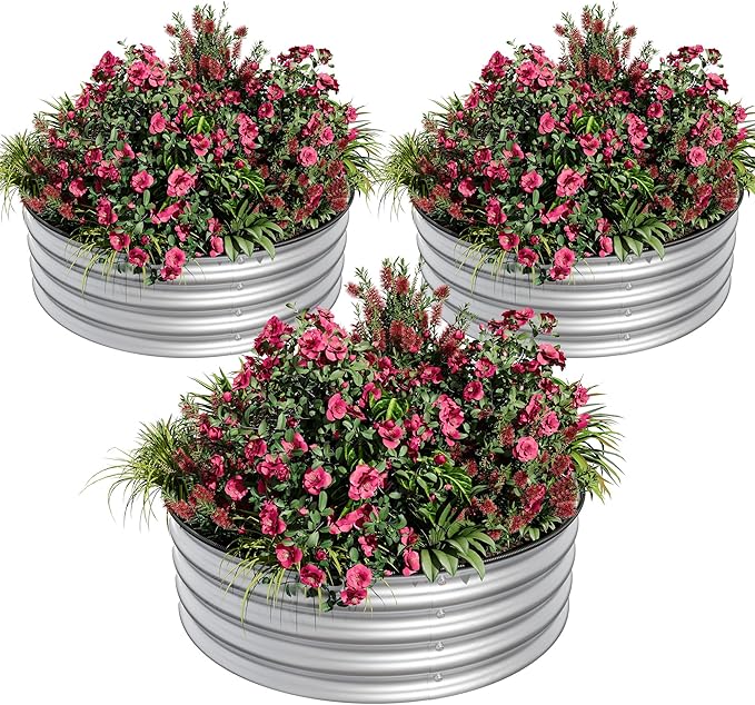 2 x 1FT Round Galvanized Raised Garden Bed – Metal Planter Box Kit with Rust & Corrosion Protection, Safe Rubber Edge, Open Bottom Design – Easy Assembly for Vegetables, Flowers, Fruits