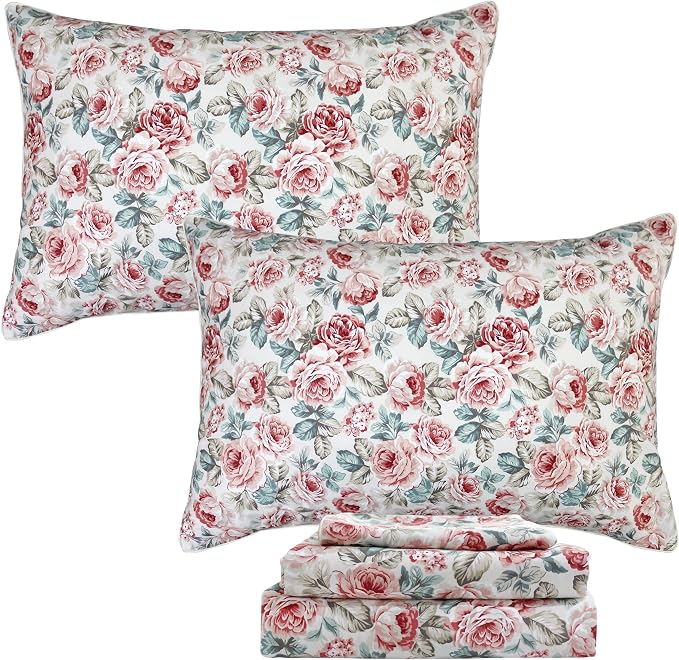 FADFAY Rose Floral Sheets Set Twin XL Vintage Red Floral Bedding Shabby Rose Sheets French Country Farmhouse Bedding 800 Thread Count 100% Egyptian Cotton Deep Pocket Fitted Sheet 4Pcs, Twin XL Size