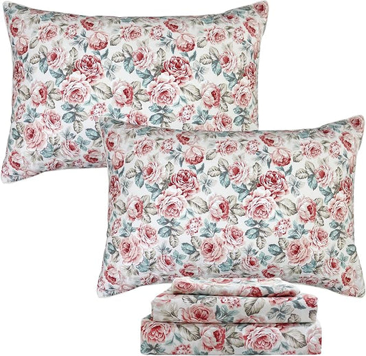 FADFAY Rose Floral Sheets Set Twin XL Vintage Red Floral Bedding Shabby Rose Sheets French Country Farmhouse Bedding 800 Thread Count 100% Egyptian Cotton Deep Pocket Fitted Sheet 4Pcs, Twin XL Size