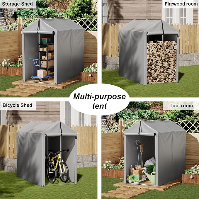 Greesum 6 x 3 ft Storage Shed Canopy Portable Shelter Outdoor Carport Tent with Rolled up Zipper Door for Bike, Motorcycle, Outdoor Tools, Waterproof and UV Resistant, Gray