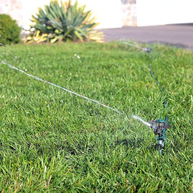 Melnor 65176AMZ Pulsating Sprinkler Set, 2 Pack, Waters Up to 85 Ft. Diameter, Metal Spike Base, Quick Connect Bundle, Black, Green