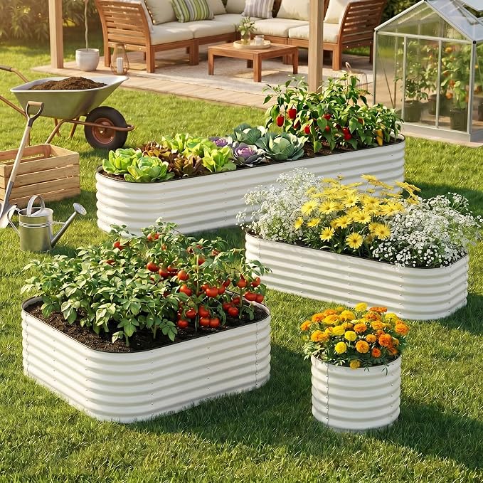 2 Pack Galvanized Raised Garden Bed 8x2 ft, 17" Tall Oval Metal Planter for Outdoors, 9 in 1 Modular Large Garden Bed Kits for Outdoor Vegetable Flowers - White