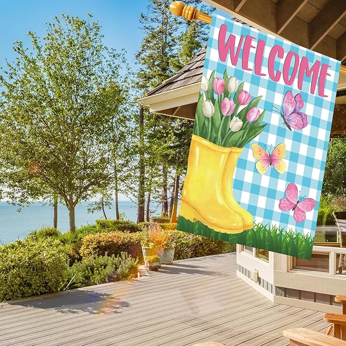 Spring House Flag 28"x40" Yellow Rain Boots with Tulips Butterflies Blue Gingham Welcome Double Sided Garden Decor for Yard Porch Outdoor