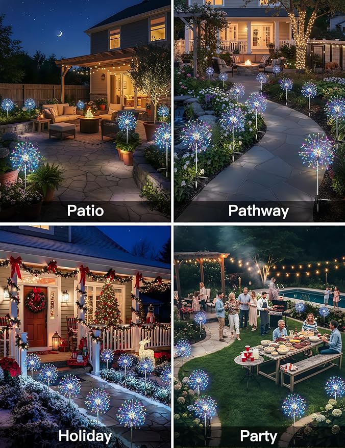 suddus Solar Garden Lights Outdoor Waterproof Decorative, 4Pack 150LED Multicolor Firework Lights 8 Modes, Solar Fairy Lights for Yard, Patio, Pathway, Balcony Planter Flowerbed Party Outside Decor