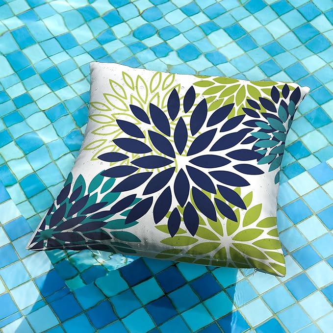 DFXSZ Navy Blue Flower Pillow Covers 18x18 Inch Set of 2 White Gray Colored Throw Pillows Outdoor Waterproof Decor for Living Room Sofa Patio Funiture Garden Floral Polyester Pillow Covers 002P18