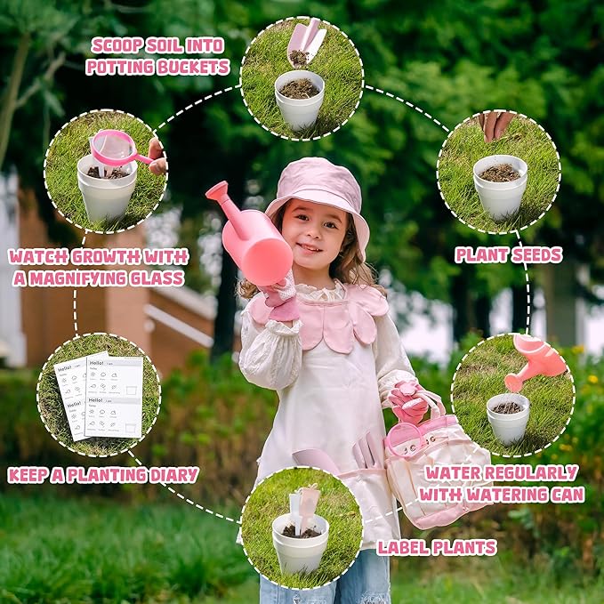 ROBUD Kid Gardening Set, Wooden Garden Tool for Kid, Garden Tool Kit with Tool Storage Bag, Apron, Gloves, Montessori Toys for Kids to be Closed to Nature, WRP51
