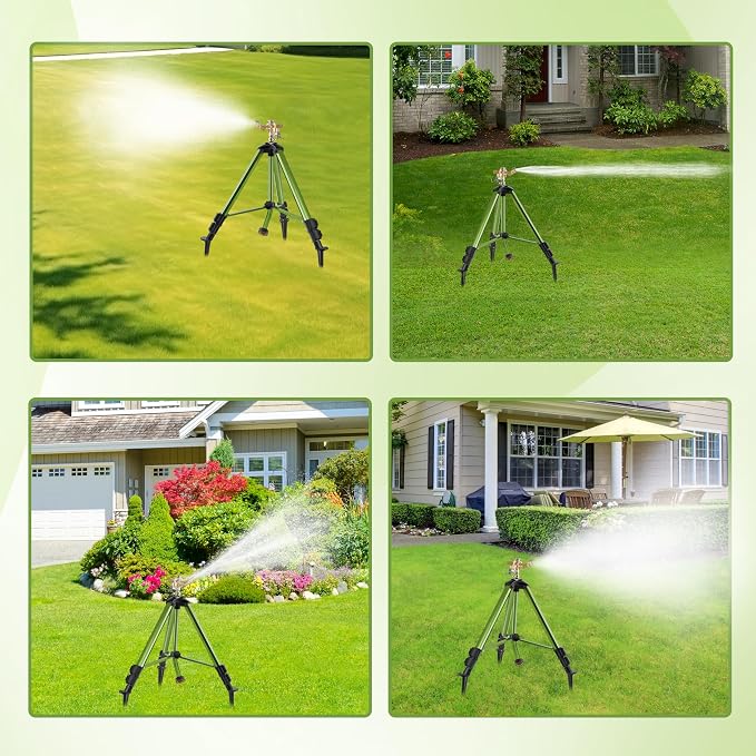 Impact Sprinklers on Tripod Base with Ground Plugs,Heavy Duty Brass Head Sprinkler with 360 Degree Spray,0-44ft Large Area Irrigation,Tripod Sprinkler with Extension Legs for Yard Garden Lawn,1 Pack