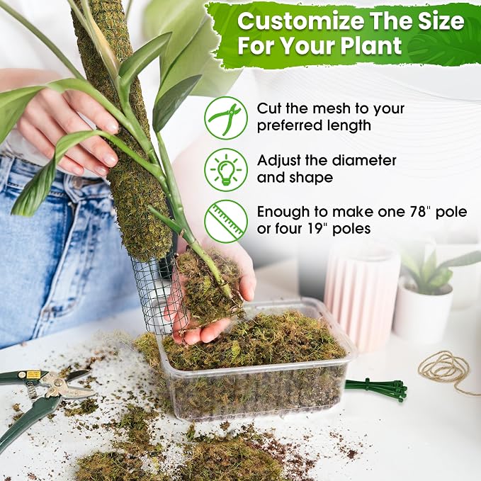 DUSPRO DIY Moss Pole Kit, Metal Moss Pole for Plant Monstera, Pothos, Philodendron, 1pc 8.6’’ x 6.5 ft Wire Moss Pole Mesh with Forest Moss, Cable Zip Ties, Gloves