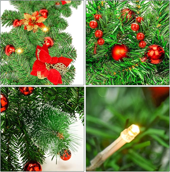 Christmas Garland,Christmas Garland with Lights Battery Operated,9 ft Rattan Artificial Flower Vine Plants Xmas Decorations for Indoor Outdoor Home Mantel Fireplace Stairs