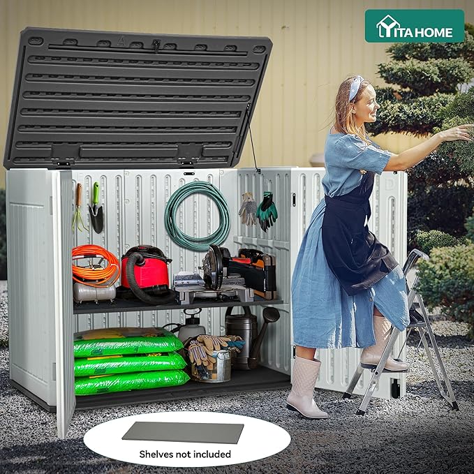 YITAHOME Extra Large Outdoor Horizontal Storage Shed, 4.5x4ft Resin Tool Sheds w/o Shelf, Easy to Assemble Waterproof Storage for Trash Cans, Garden Tools, Lawn Mower, Lockable, Light Gray