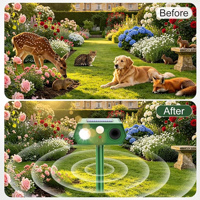 4 Pack 2026 Upgraded Solar Ultrasonic Animal Repellent Outdoor, Deer Repellent Devices Waterproof, Motion Activated Cat Repellent Outdoor, Squirrel Raccoon Skunk Rabbit Dog Bird Deterrents for Yard