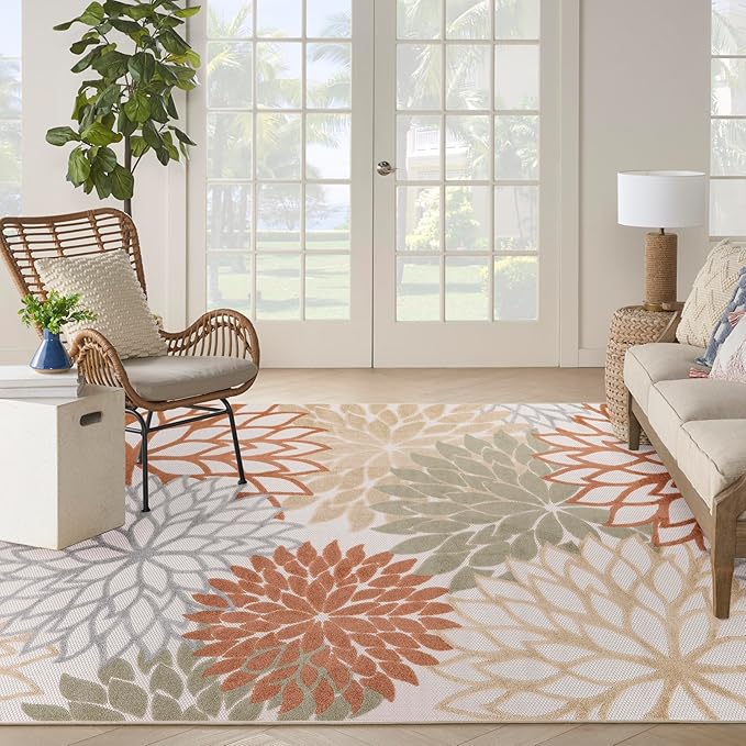 Nourison Home Aloha Indoor-Outdoor Ivory Multicolor 9' x 12' Area Rug, Easy Cleaning, Non Shedding, Bed Room, Living Room, Dining Room, Backyard, Deck, Patio (9x12)