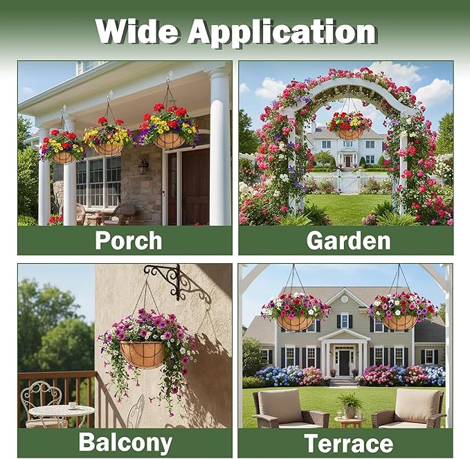 4 Pack 14 Inch Hanging Baskets for Plants Outdoor Metal Hanging Planter Basket with Coco Coir Liner Hanging Flower Baskets Hanging Flower Pots Holder for Garden, Patio(Earth)