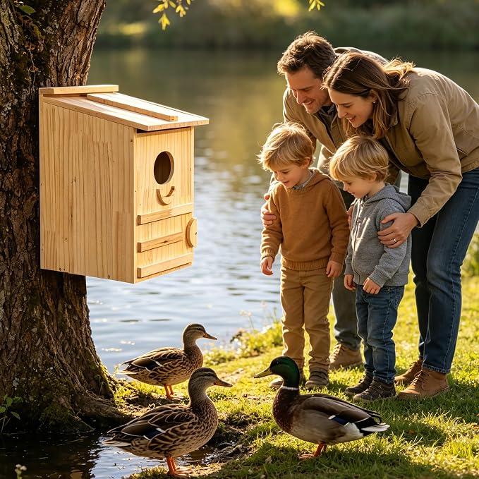 Extra-Large Wood Duck House - Handcrafted Natural Solid Wood Nesting Box for Wood Ducks & Mergansers, Easy Pole Mounting Kit for Pond, Wetland & Backyard