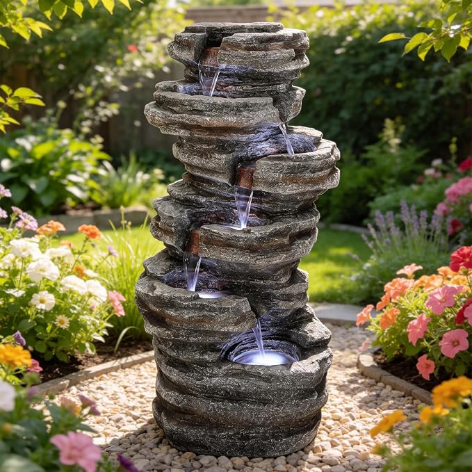 AUTODAYA 6-Tier Rock Outdoor Water Fountain, 40in Tall Oversized Fountains for Outside, Relaxing Cascading Waterfall for Tranquil Outdoor Garden Patio Garden Backyard Oasis