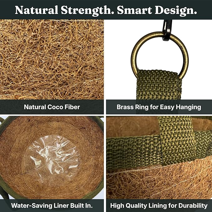 12 Inch Handmade Coco Fiber Hanging Basket 2 Pack - Plant Hanger for Outdoor Plants - Natural Boho Rustic Coconut Coir Compact Decorative Flower Pot Holder for Porch Patio Balcony Garden Yard