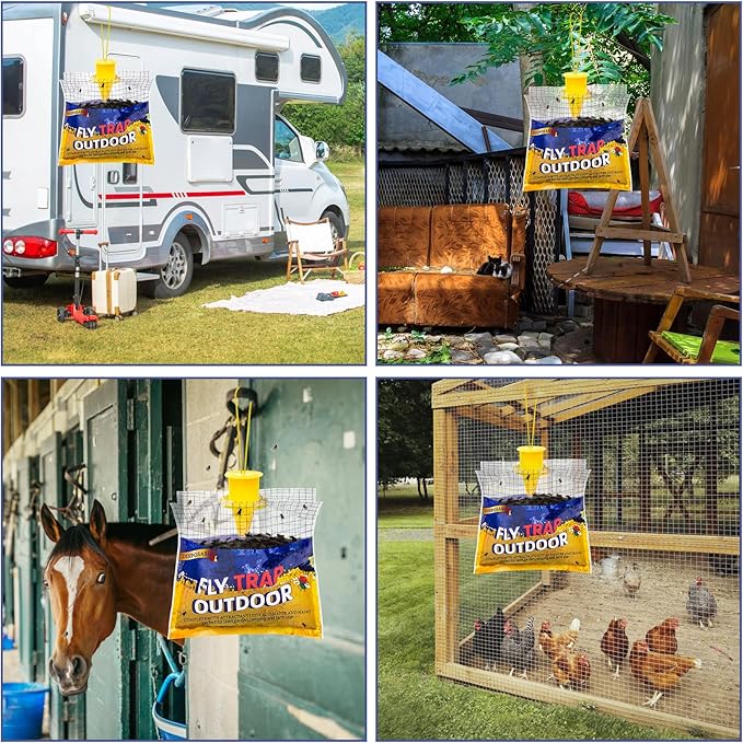 Disposable Fly Traps 4 Pack Bags Outdoor, Flies Catcher Traps with Natural Pre-Bait Refill Repellent, Reusable Stable Horse Ranch Trapper Outdoor Hanging Fly Killer Helps Control Flies