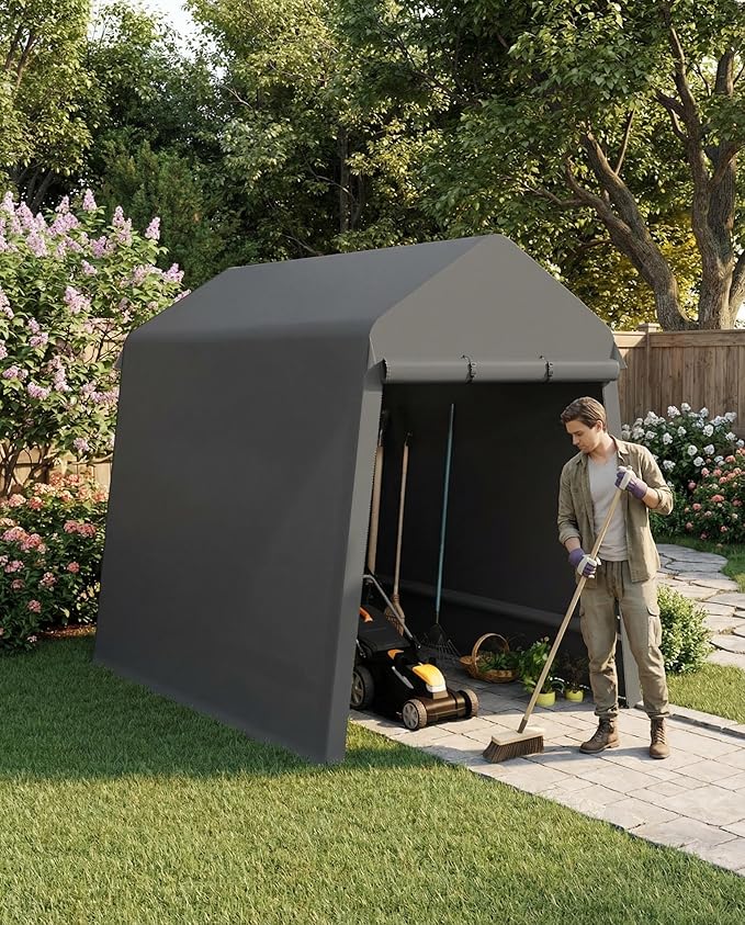 Garvee 6X8 Ft Outdoor Storage Shed, 2 Rolled Up Zipper Doors Portable Storage Shed, Waterproof Cover Vents Carports Temporary Shelter for Bike, Motorcycle, Gardening Tools, Generator, Black