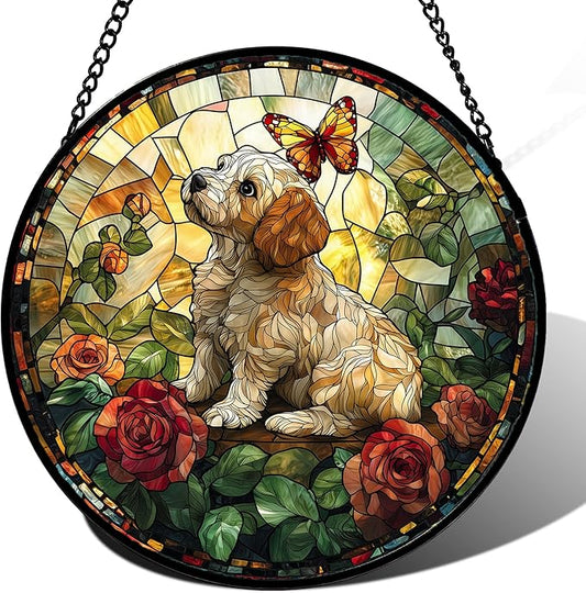 DASTOLL Stained Glass Window Hanging, Cute Dog and Flowers Suncatcher for Doors Home Butterfly Sun Catchers Decoration and Christmas, Mother's Day Birthday Gifts for Women, Men, and Mom 14.9x14.9 in