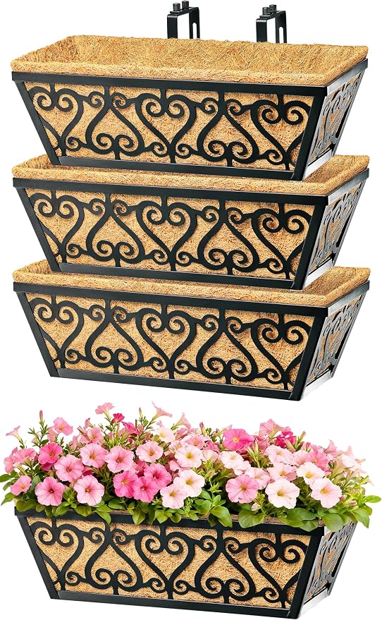 4 Pack 16 Inch Deck Railing Planter Box - Window Boxes Planters with Adjustable Brackets Coco Liners Balcony Planters Railing Hanging for Window Flower Boxes Outdoor Garden Decor