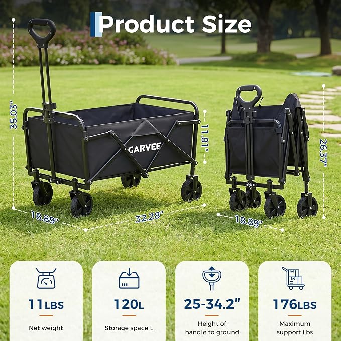 Collapsible Wagon with Wheels, 220 lbs Wagons Carts Foldable Wagon Cart with Flexible Handle, Lightweight Portable Folding Utility Grocery Shopping Cart for Grocery Sports Garden Camping
