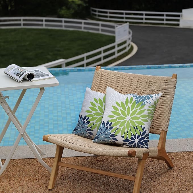 DFXSZ Green Blue Flower Pillow Covers 16x16 Inch Set of 2 White Gray Colored Throw Pillows Outdoor Waterproof Decor for Living Room Sofa Patio Funiture Garden Floral Polyester Pillow Covers 002K16