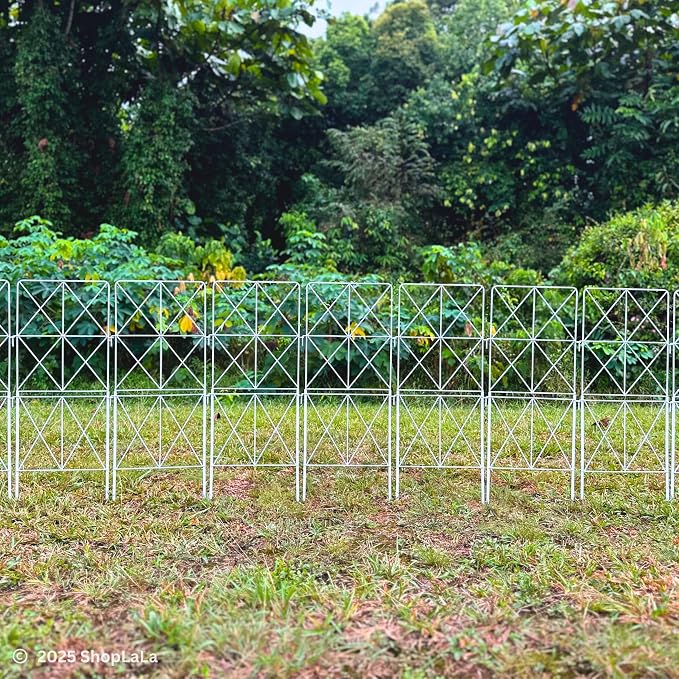 ShopLaLa Decorative Metal Garden Fence (10 Panels) 12.5in(L) x 31in(H) Animal Barrier Fencing for Dog, Rustproof White Wire Diamond Flower Bed Edging for Landscape, Lawn Yard Tall Panels Outdoor Decor