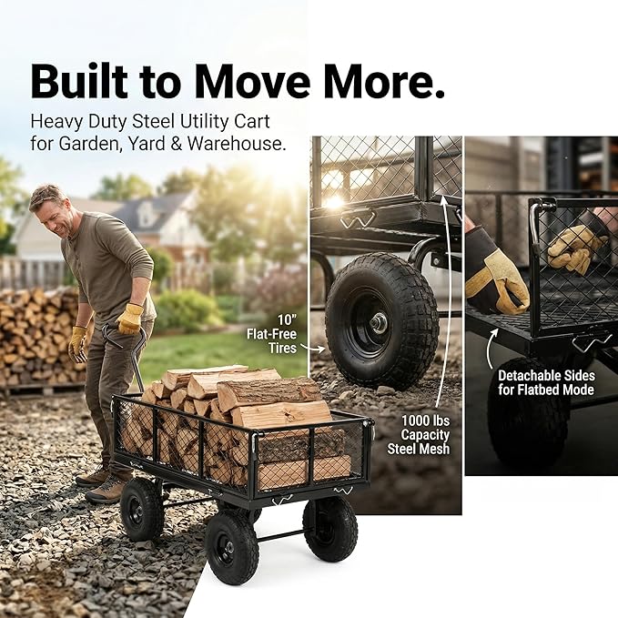 Finnhomy Heavy Duty 1000 Lbs Capacity Mesh Steel Garden Cart, Pullable Garden Wagons Carts on Wheels, Folding Utility Wagon with Removable Sides for Outdoor, Yard, Lawn, Black