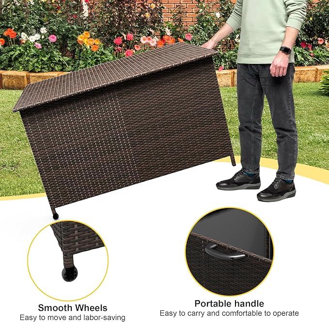 125 Gallon Outdoor Deck Box with Wheels, All-Weather PE Wicker & Aluminum Frame, Waterproof Patio Storage for Cushions, Garden Tools, Pool Toys, Lockable Storage Box with Soft-Close Lid,Brown