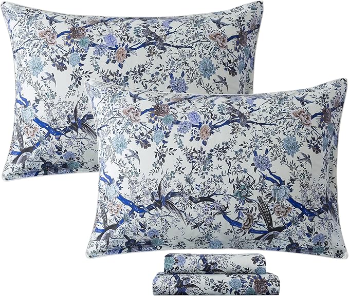 FADFAY Sheets Set Twin Botanical Bird Floral Bed Sheets Set Vintage Blue Farmhouse Bedding Shabby Branches Bedding Collections 100% Egyptian Cotton Breathable Soft 17.7" Deep Pocket 4Pcs, Twin Size