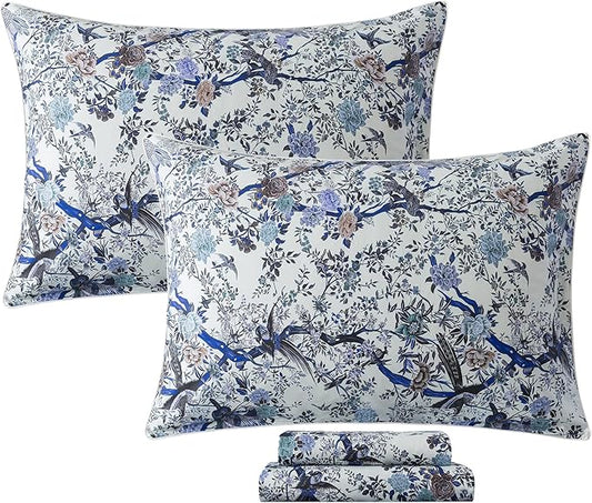 FADFAY Sheets Set Twin Botanical Bird Floral Bed Sheets Set Vintage Blue Farmhouse Bedding Shabby Branches Bedding Collections 100% Egyptian Cotton Breathable Soft 17.7" Deep Pocket 4Pcs, Twin Size