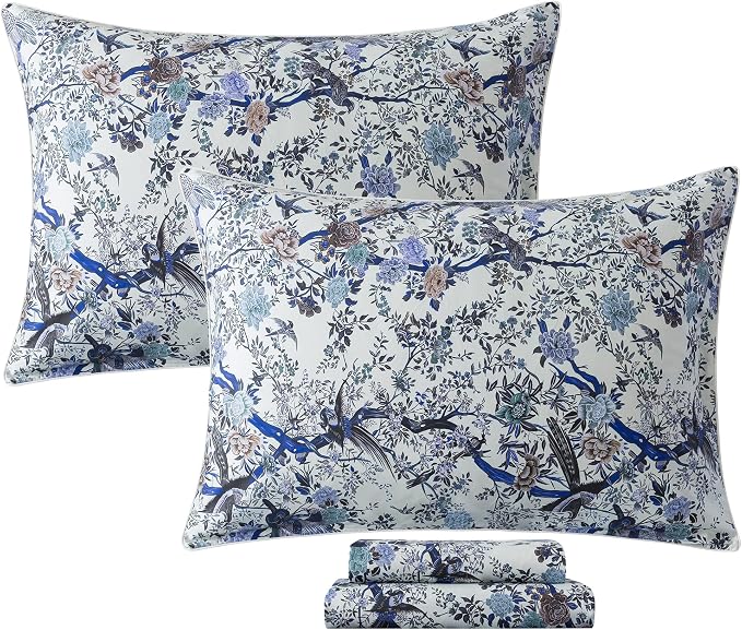 FADFAY Sheets Set King Botanical Bird Floral Bed Sheets Set Vintage Blue Farmhouse Bedding Shabby Branches Bedding Collections 100% Egyptian Cotton Breathable Soft 17.7" Deep Pocket 4Pcs, King Size