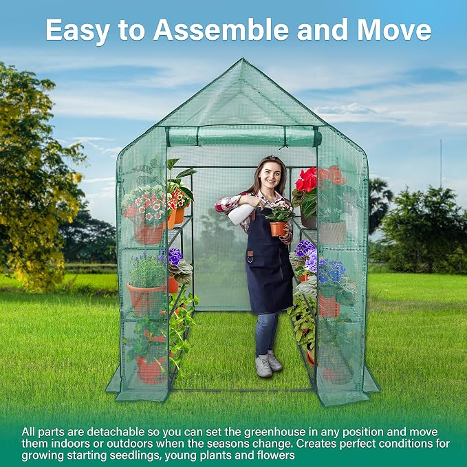 iPower Walk-in Greenhouse Kit for Outdoors with Durable PE Cover and Observation Windows, 3-Tier 12-Shelves Portable Gardening Plant House, 4.7x4.8x6.4 FT