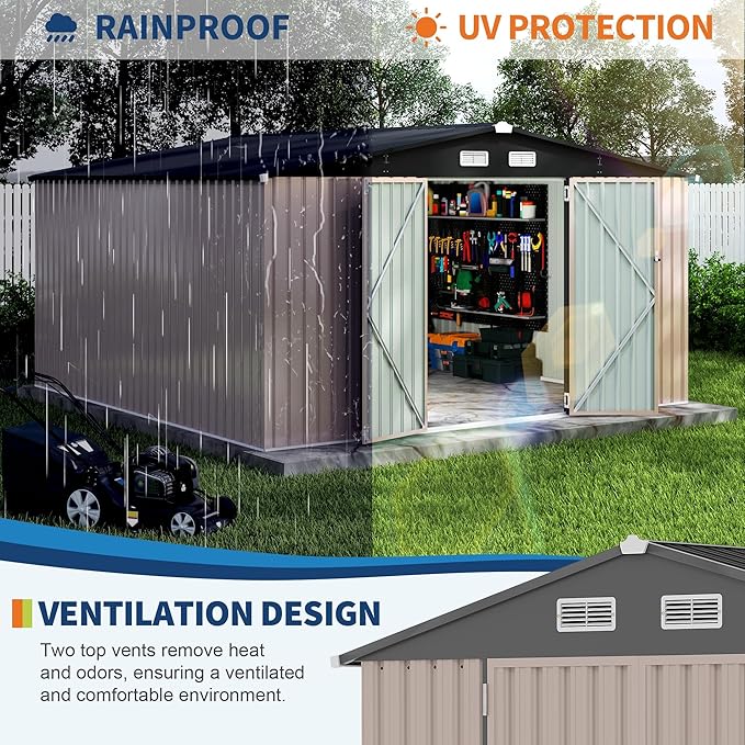 Heavy-Duty 12x12 ft Metal Storage Shed with Air Vent & Lockable Door, Outdoor Storage Shed for Yard, Patio, Lawn, Rust-Resistant Utility Shed, Easy Assembly & All-Season Use