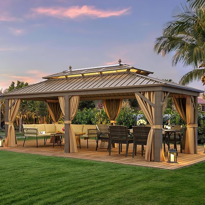 YITAHOME 12x20 ft Hardtop Gazebo with Nettings and Curtains, Outdoor Heavy Duty Aluminum Gazebo Combined of Horizontal and Vertical Stripes Roof for Patio, Backyard, Deck, Lawns and Balcony (Bronze)