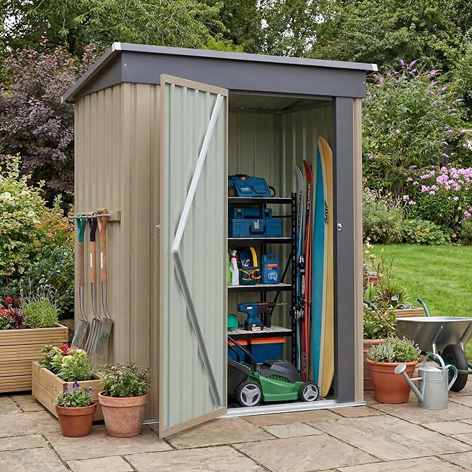 Greesum 5x3FT Outdoor Storage Shed with Base, Utility Tool Shed with Sloping Roof, Metal Storaged Garden Shed with Door & Lock for Patio Storage, Brown