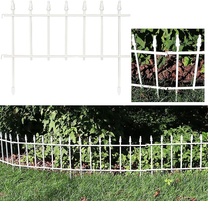 Sunnydaze Decorative Garden Fence Border - 22 in W x 18 in H No Dig Metal Edging for Flower Beds, Yard, Lawn, Pathways and Landscaping - Roman Finial Design - 9ft - 5 Panels - White