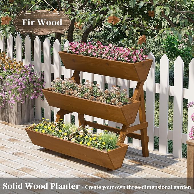 Kitsanery 3-Tiers Wooden Raised Garden Bed,Wood Planter Box for Vegetable,Flower Rack,Flower Pot Stands,Indoor Outdoor Gardening Planting Beds (Brown, Large)